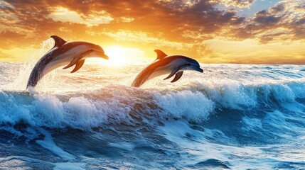 Fototapeta premium A panoramic shot of dolphins playing in the ocean surf at sunset