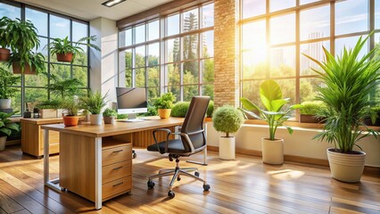 Fototapeta premium Modern Office Design with Natural Elements: Plants, Wood, and Sunlight