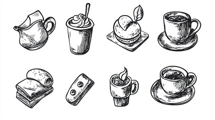 A black-and-white hand-drawn icon set, with bold outlines for a sketchbook aesthetic.