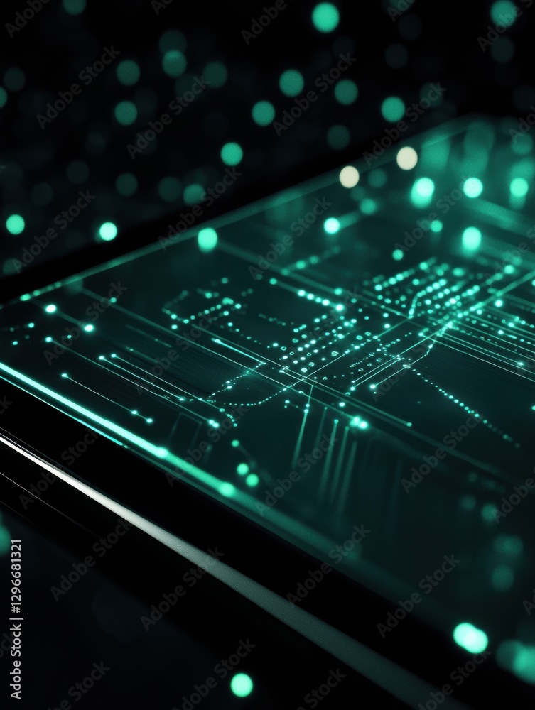 Poster High tech digital interface glowing with green light and connecting lines illustrates futuristic technology concept. Generative AI