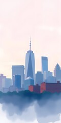 Stylized city skyline featuring modern skyscrapers emerging from mist, ideal background for mobile wallpaper, blending serene colors and an atmospheric urban landscape.  