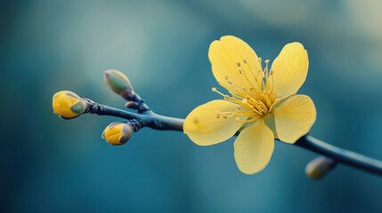 Closeup of a Single Yellow Flower with Buds on a Branch Against a Teal Background