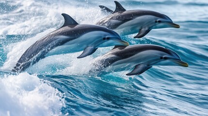 Fototapeta premium A pod of dolphins enjoying the rhythm of the waves in open water