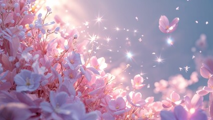 Fototapeta premium Blooming Cherry Blossoms with Sparkling Lights in Dreamy Sky