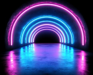 Neon arches tunnel in dark interior, abstract tech design