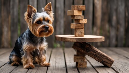 A small dog watches curiously as wooden blocks are stacked in a playful arrangement on a wooden surface
