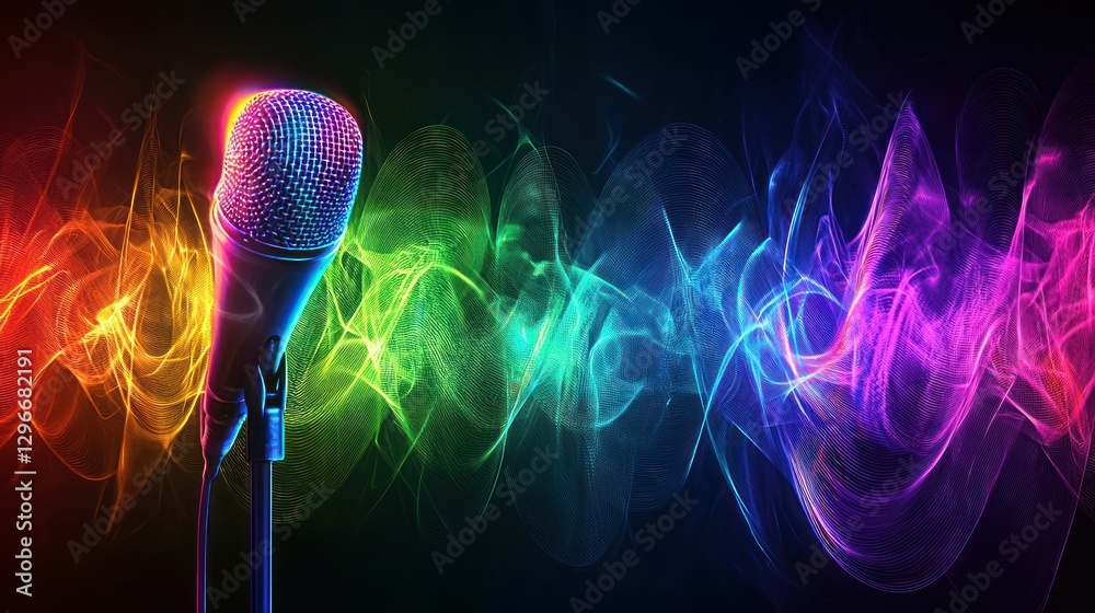 Poster a blend of vibrant colors resembling soundwaves emanating from a distant microphone.