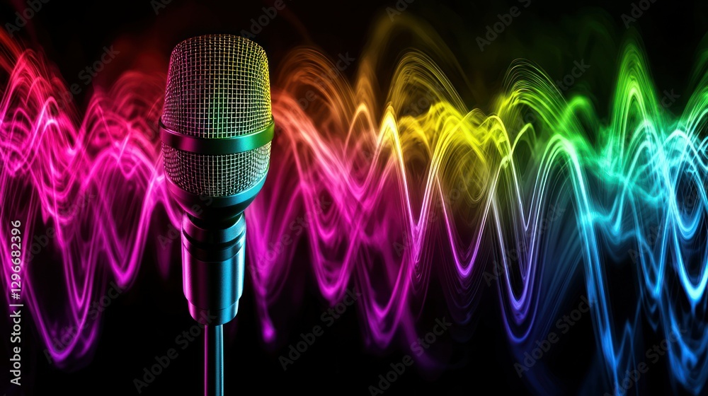Poster a blend of vibrant colors resembling soundwaves emanating from a distant microphone.