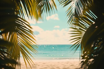 Naklejka premium Tropical beach background with palm leaves and sand, a banner for a summer vacation concept. Shallow depth of field with blurred seawater in the foreground and an island on the horizon. Bright, sunny 