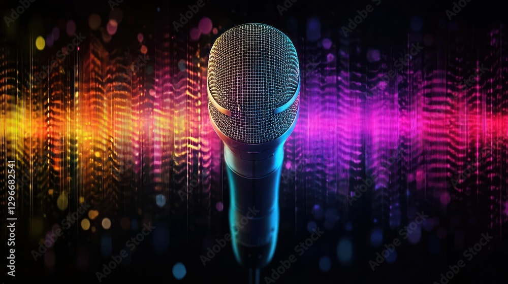 Poster a blend of vibrant colors resembling soundwaves emanating from a distant microphone.
