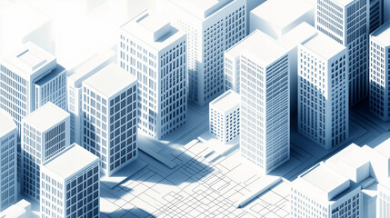 Fototapeta premium An isometric 3D architectural rendering of a futuristic city block, showcasing a seamless blend of modern skyscrapers with uniform windows, crisp geometric structures,