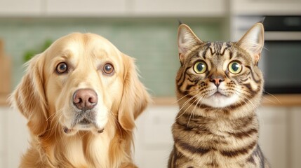Golden Retriever And Tabby Cat In Close-Up