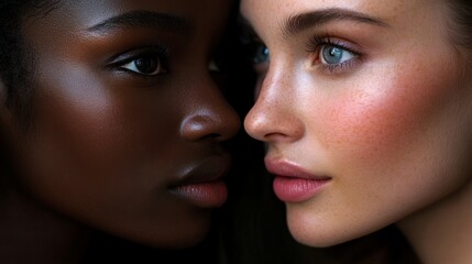 Close-up portrait of two women showcasing diverse skin tones and features, emphasizing beauty and unity
