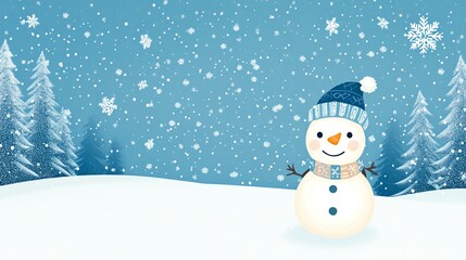 Cheerful snowman in a snowy winter landscape.