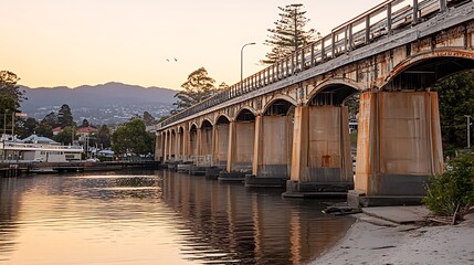 An old weathered bridge extends over tranquil water during sunset