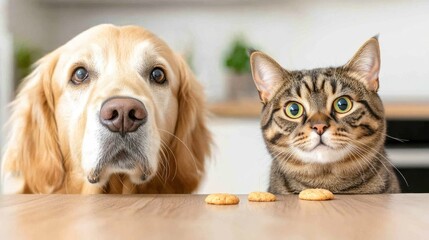 Adorable Dog And Cat Waiting For Treats Together
