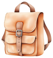 Watercolor illustration of a leather backpack isolated on transparent background.