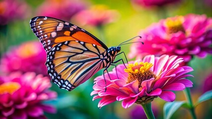 Naklejka premium Monarch Butterfly on Vibrant Pink Zinnia Flower - High-Resolution 8K Stock Photo