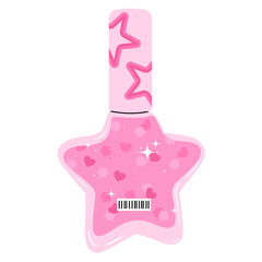 Pink star-shaped nail polish bottle with glitter, hearts, and flower details. Shiny and stylish design perfect for beauty, fashion, and cosmetic themes. Trendy Y2K for feminine and glamorous projects.