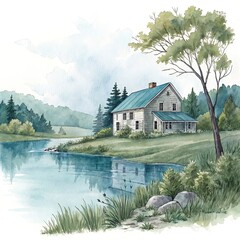 Fototapeta premium Watercolor Farmhouse Haven Tranquil Countryside Home by Serene Lake and Greenery