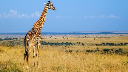 Obraz premium A tall giraffe looking out over a distant horizon with rolling fields of grass