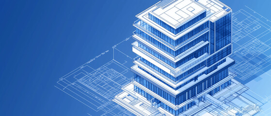 Architectural blueprint of a modern skyscraper in isometric style, with a focus on the building’s complex multi-story structure