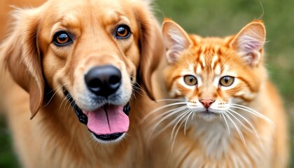 Golden retriever and orange tabby cat.