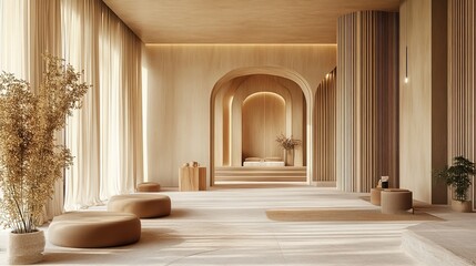 Modern space with caramel and sand tones, golden afternoon light, organic shapes, flowing curtains, potted plants, and wood textures, creating a warm, elegant, and peaceful ambiance.