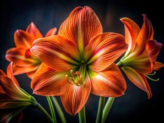 Fototapeta premium Low Light Amarelis Flower Photography, Orange Amaryllis Bloom, Night Amaryllis, Dark Floral Macro, Closeup Flower, Botanical Photography, Low-Light Macro Shot
