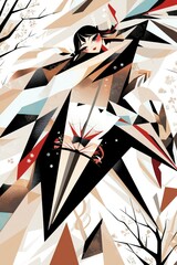 Naklejka premium Geometric Geisha in Blossom Abstract Japanese Woman Artwork