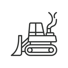 Bulldozer, icon in line design. Bulldozer, construction, heavy equipment, earthmover, machinery, excavation, demolition on white background vector. Bulldozer editable stroke icon
