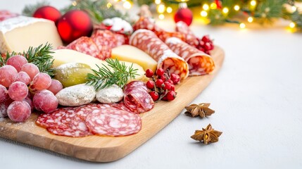 Holiday charcuterie board with cheese grapes and meats festive home gathering food photography inviting atmosphere
