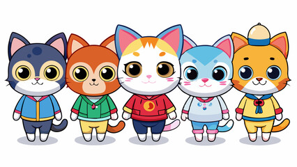 Cute Cartoon Kittens in Colorful Overalls and Construction Worker Hats, Kawaii Style

