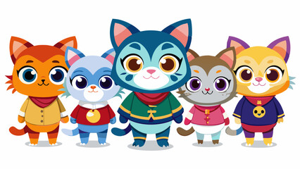 Cute Cartoon Kittens in Colorful Overalls and Construction Worker Hats, Kawaii Style

