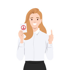 Woman in a white shirt holds a card with a red peace symbol while giving a thumbs up gesture. Flat vector illustration isolated on white background