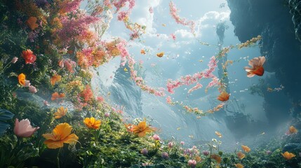 A surreal scene where floral garlands gently drift through the air, carried by a soft breeze, symbolizing the beauty and tranquility of Songkran