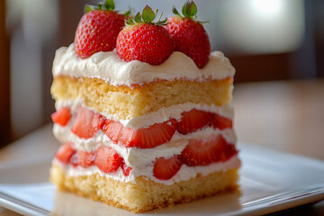 Delicious strawberry shortcake with layers of fluffy sponge cake, fresh strawberries, and whipped cream, served on a white plate