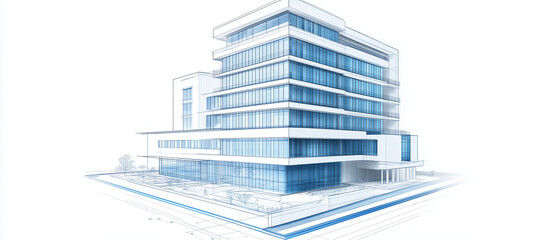 Fototapeta premium Architectural CAD-style drawing of a modern hospital building, rising into the sky with its white facade and blue-tinted glass panels