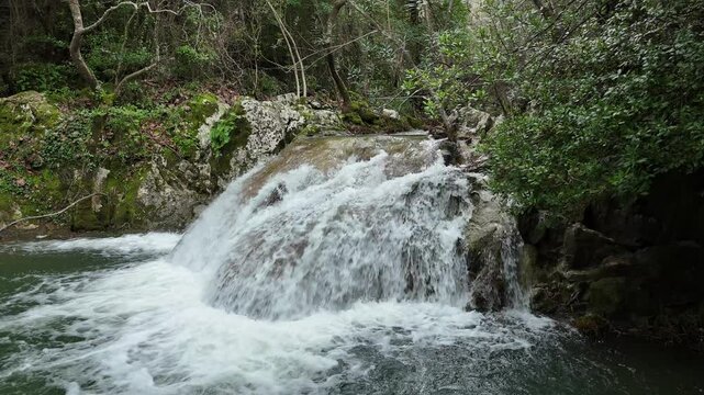 Drone flight over Stathula Polylimnio Waterfall, Peloponnese, Greece