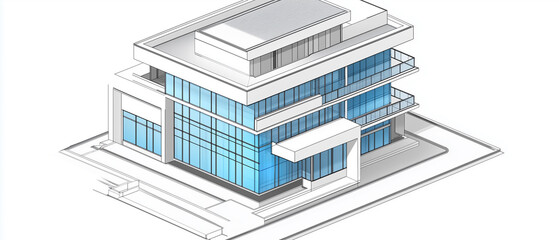 Architectural CAD-style technical drawing of a modern hospital building with a clean white facade and blue-tinted glass panels