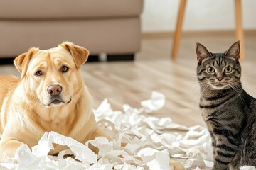 Playful Pets Surrounded By Messy Shredded Paper