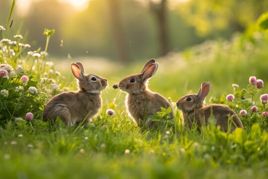 A beautiful outdoor scene featuring three adorable brown rabbits sitting in a lush green meadow. The rabbits are surrounded by clover flowers and tall grass, bathed in warm, golden sunlight