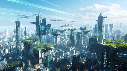 Fototapeta premium A futuristic cityscape with skyscrapers and buildings adorned in blue technology, with greenery on the roofs of some buildings 