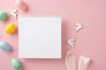 Easter flat lay composition featuring a blank notepad surrounded by playful egg and bunny decorations on a pink background, perfect for festive and seasonal themes