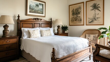 A classic and elegant bedroom with vintage wooden furniture, white linens on the bed, and framed botanical prints of palm trees hanging above it