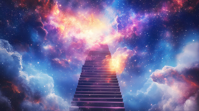 Staircase leads into vibrant cosmic nebula, evoking mystery and infinite possibilities. Infinite Cosmic Stairway. Illustration