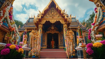 Naklejka premium A temple entrance adorned with elaborate floral garlands and golden ornaments, welcoming visitors for Songkran prayers, creating a festive and spiritual atmosphere