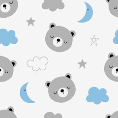Seamless pattern with cute bear, moon, cloud and star for your fabric, children textile, apparel, nursery decoration, gift wrap paper, baby's shirt. Vector illustration