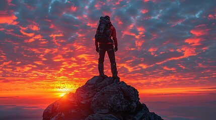 Epic Adventure: Hiker Standing on Mountain Peak at Sunrise. Silhouette of a Hiker Watching the Fiery Sunset from a Summit. Sunset Adventure: Trekker on Rocky Peak with Stunning Sky