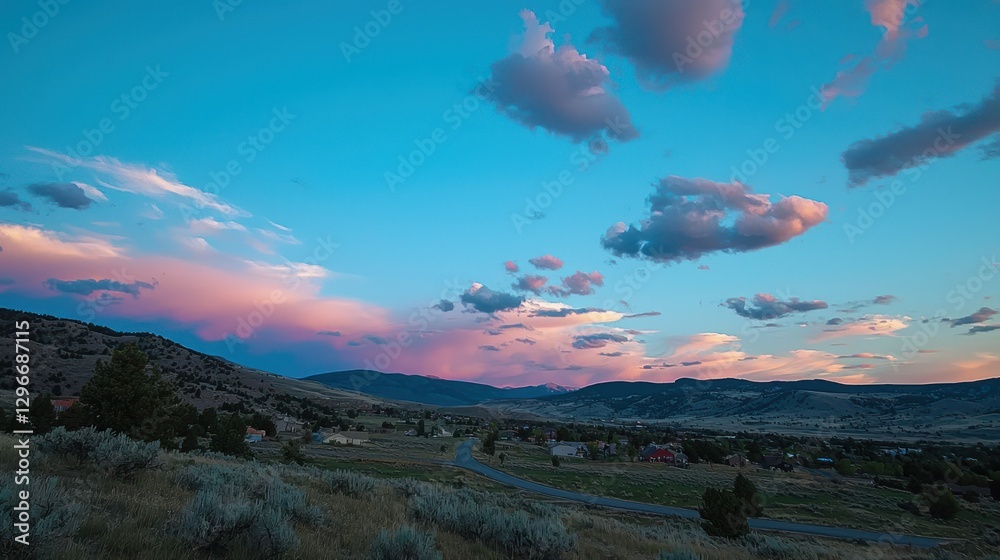 Poster a blue sky transitioning into sunset hues with a few scattered clouds.